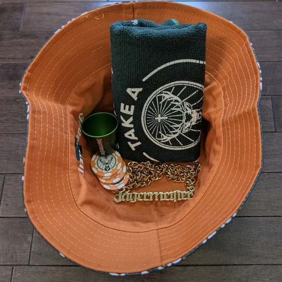 Jägermeister Promo Swag Bundle—Reversible Bucket Hat, Bar Towel, Necklace, Chips - Picture 3 of 7